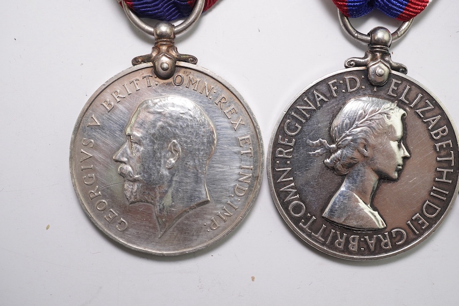 Four assorted Naval service medals; EVII RNRLSGC to 84333 G.Mitchell, Sea'n. 1CL. R.N.R.; GV RFRLSGC to J.99193 (Dev.B.15185) J.M.Dougall. A.B.R.F.R.; ERII RFRLSGC to SSSx.27156 J.W.Hopkins. Dev.B.17913.A.B. R.F.R; ERII